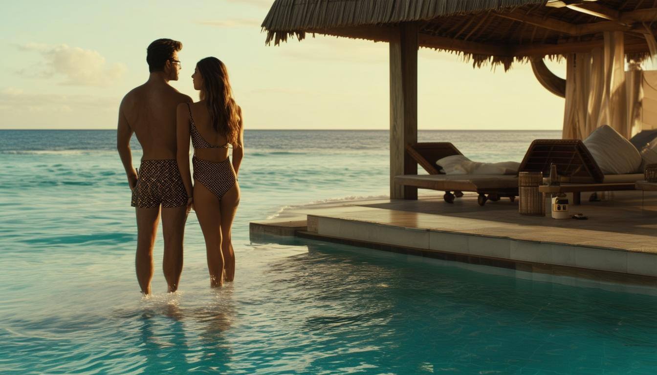 Gazing at the ocean, a stylish couple stands by their luxurious beach cabana, clad in Louis Vuitton swimsuits, embodying the essence of elegance and l