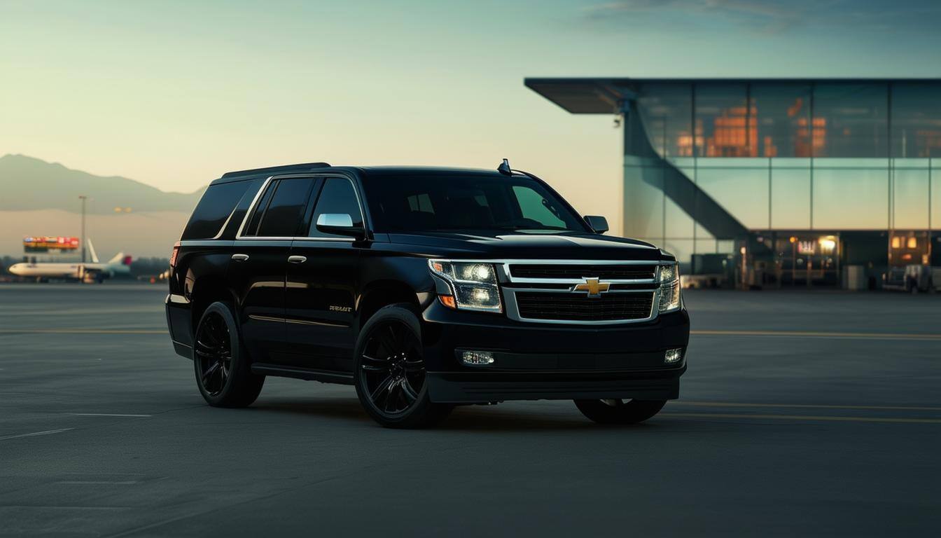 a black chevy tahoe waiting at the airport to pick up a passenger