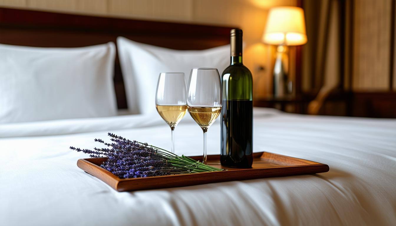 a luxury hotel room with luxury white linens